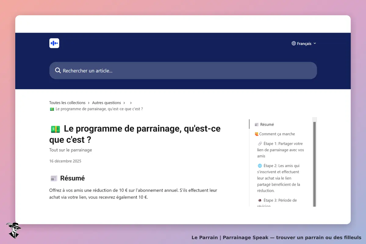 Speak : page d'accueil sur le programme de parrainage avec résumé et étapes explicatives