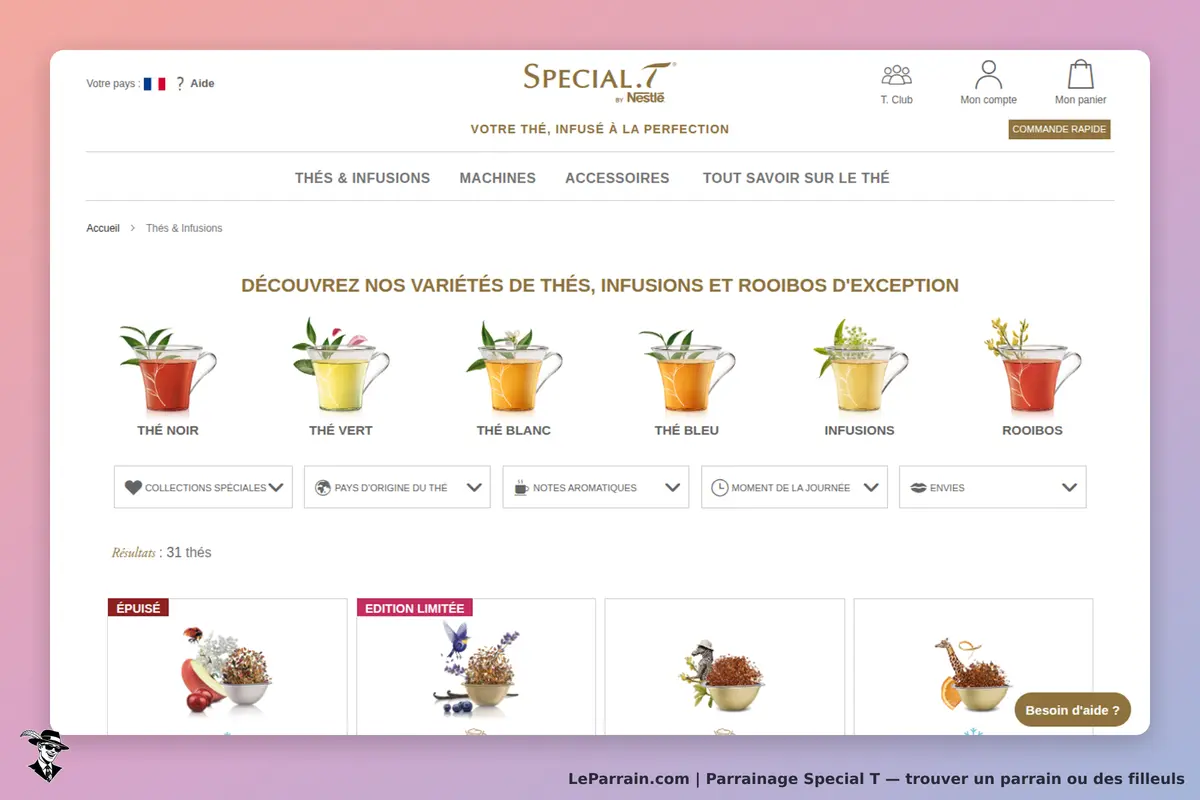 Special T : page d'accueil présentant différentes variétés de thés et infusions