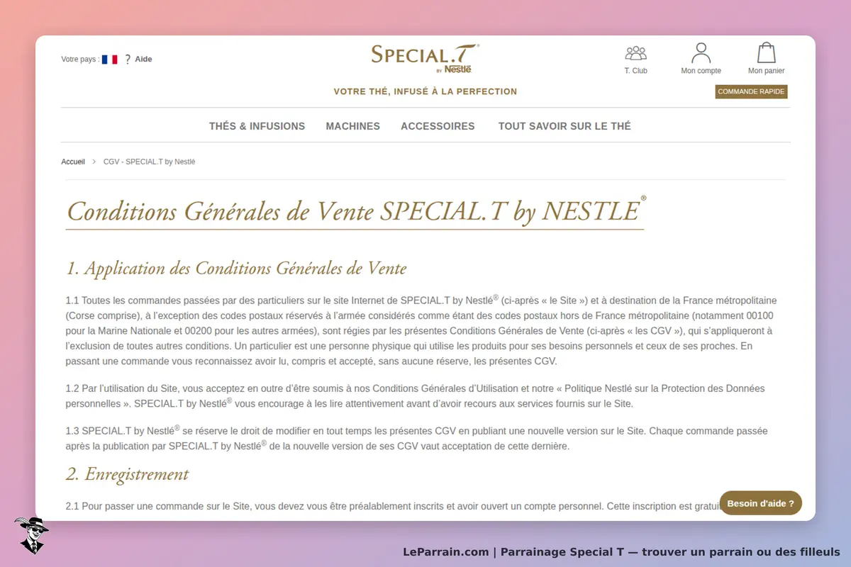 Special T : conditions générales de vente affichées sur le site de Special T by Nestlé
