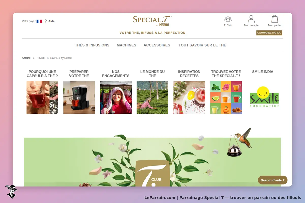 Special T : page d'accueil avec menu, images de thés et d'infusions, et éléments graphiques