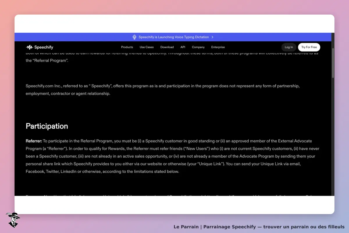 Règlement officiel Speechify : parrain client en règle ou Advocate approuvé, nouveau prospect et lien personnel.