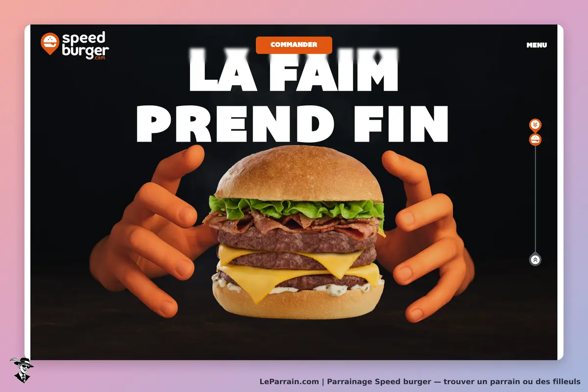 Speed burger : page d'accueil avec un hamburger et le slogan "LA FAIM PREND FIN"