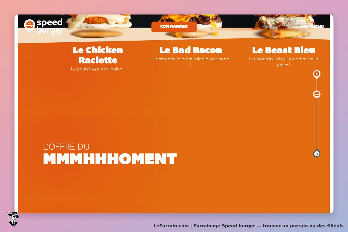 Speed Burger : page d'accueil avec trois produits phares et un bouton pour commander