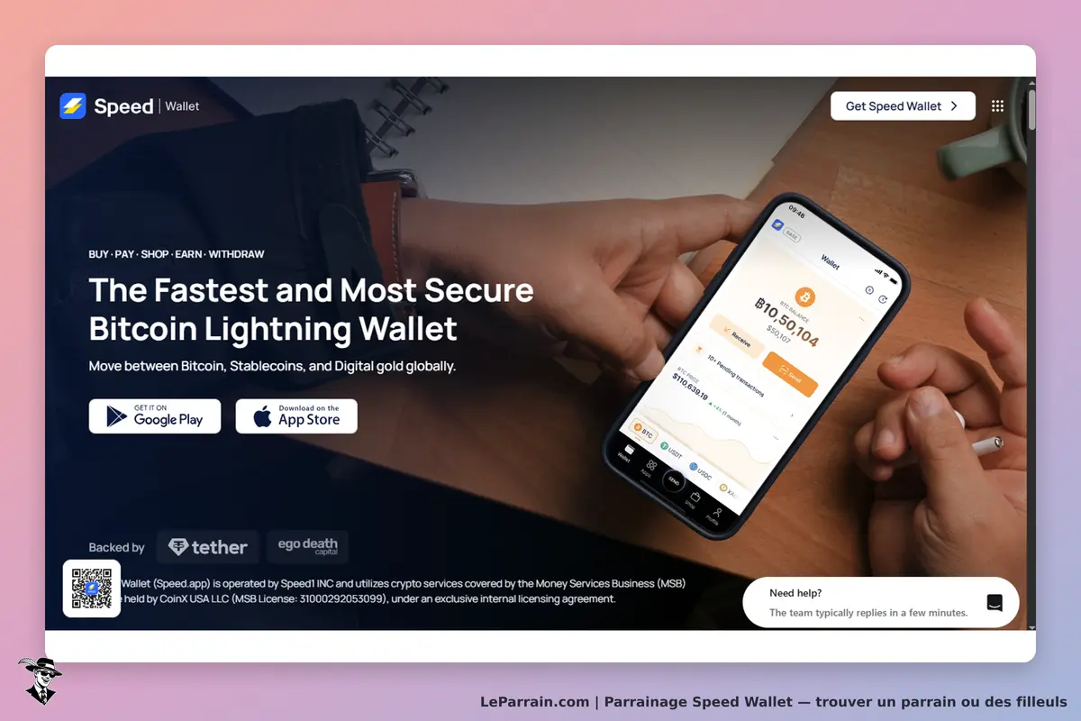 Speed Wallet : page d'accueil affichant un smartphone et des informations sur un portefeuille