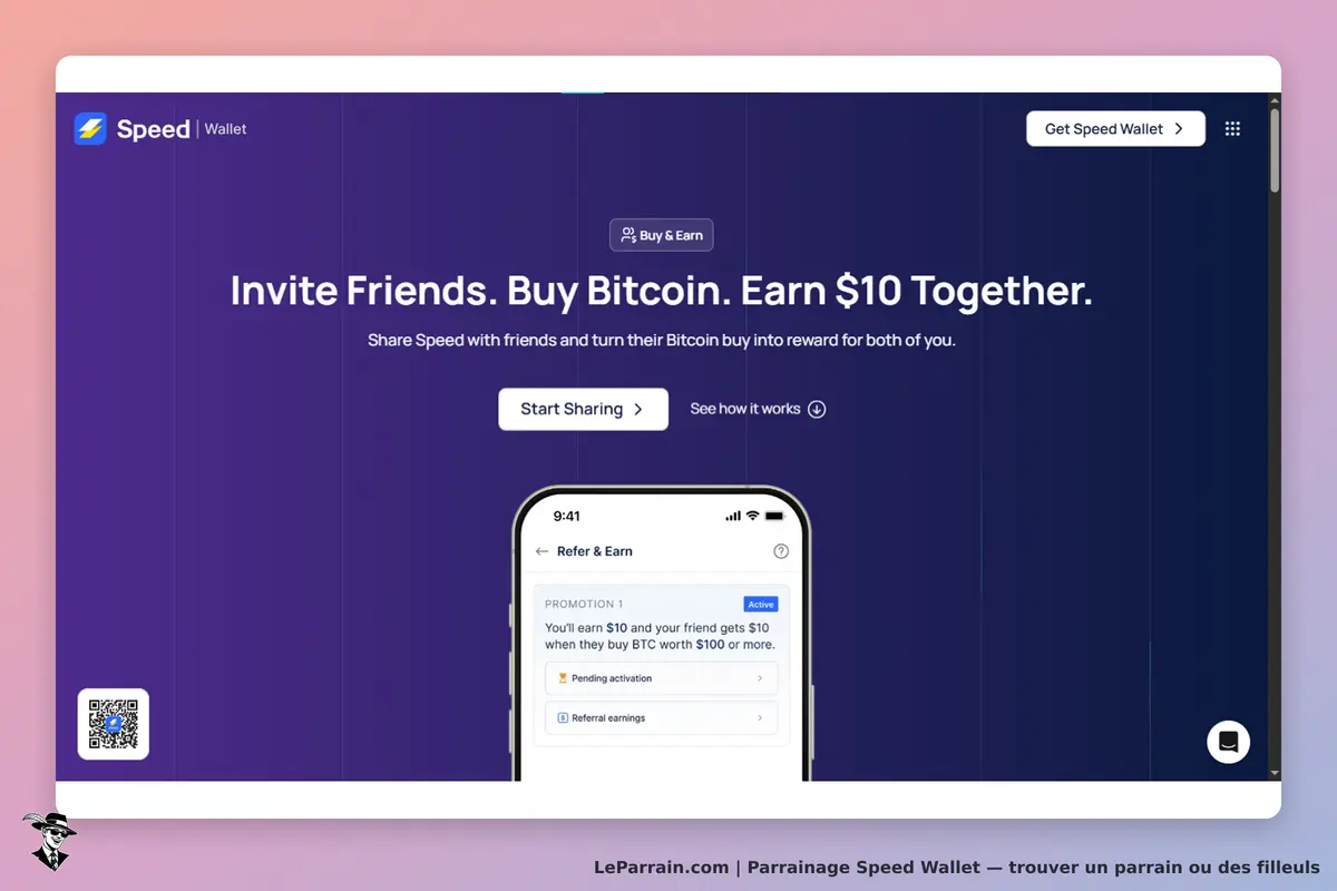 Speed Wallet : page d'accueil avec invitation à partager et aperçu d'un téléphone affichant une