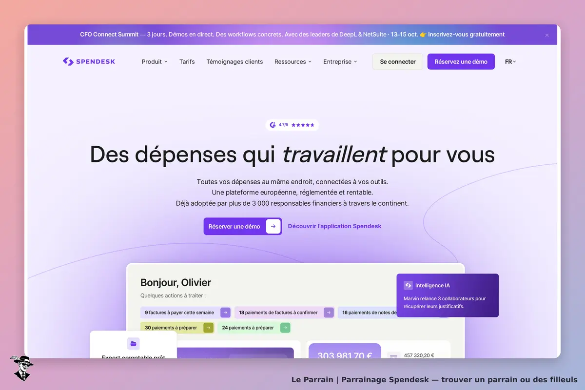 Spendesk : page d'accueil avec des informations sur la gestion des dépenses et des actions à