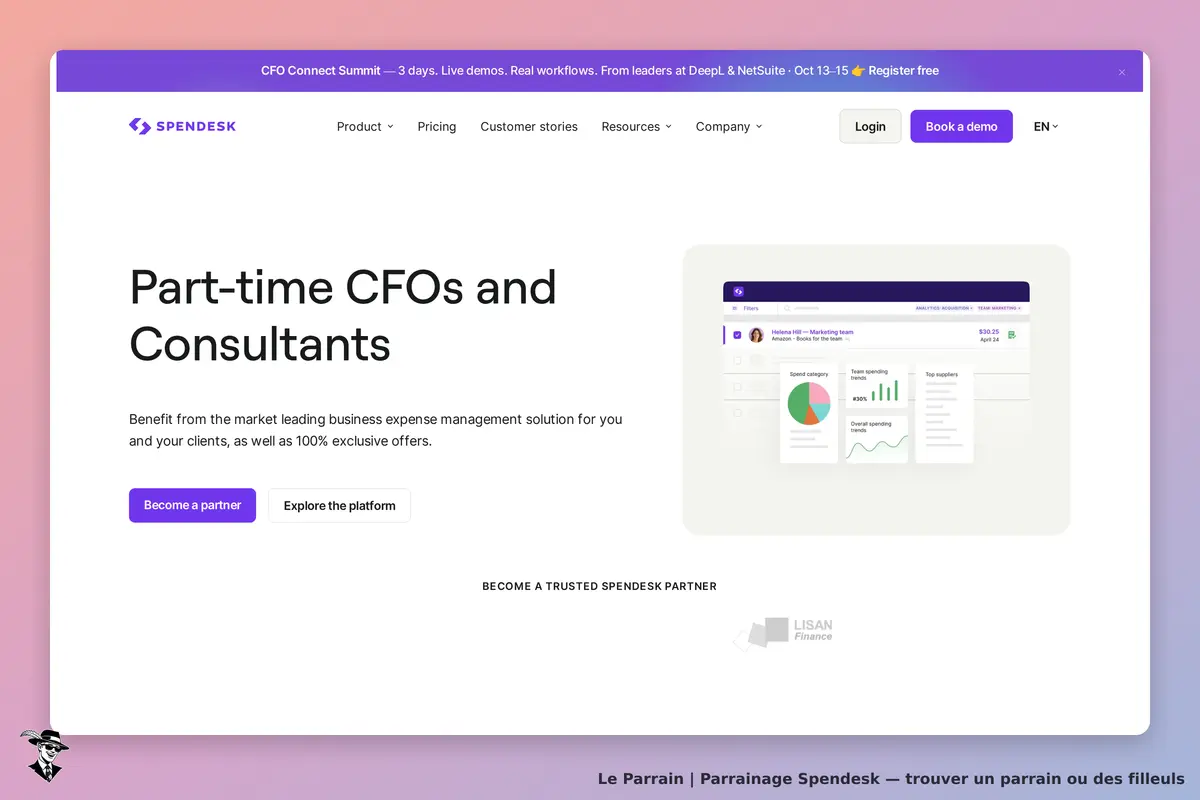Spendesk : page d'accueil présentant des CFO à temps partiel et une interface de gestion des