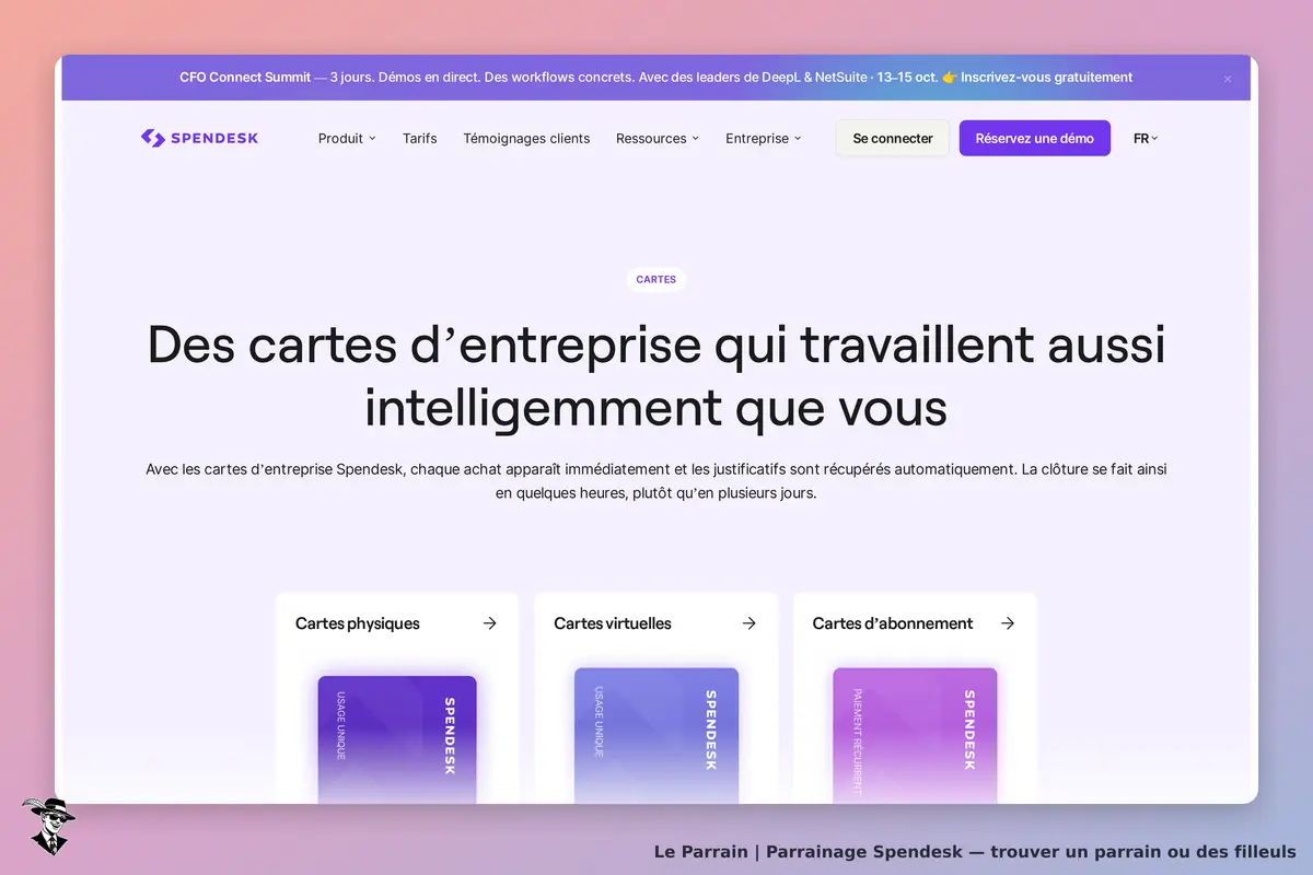 Spendesk : page d'accueil présentant des cartes d'entreprise avec trois catégories visibles