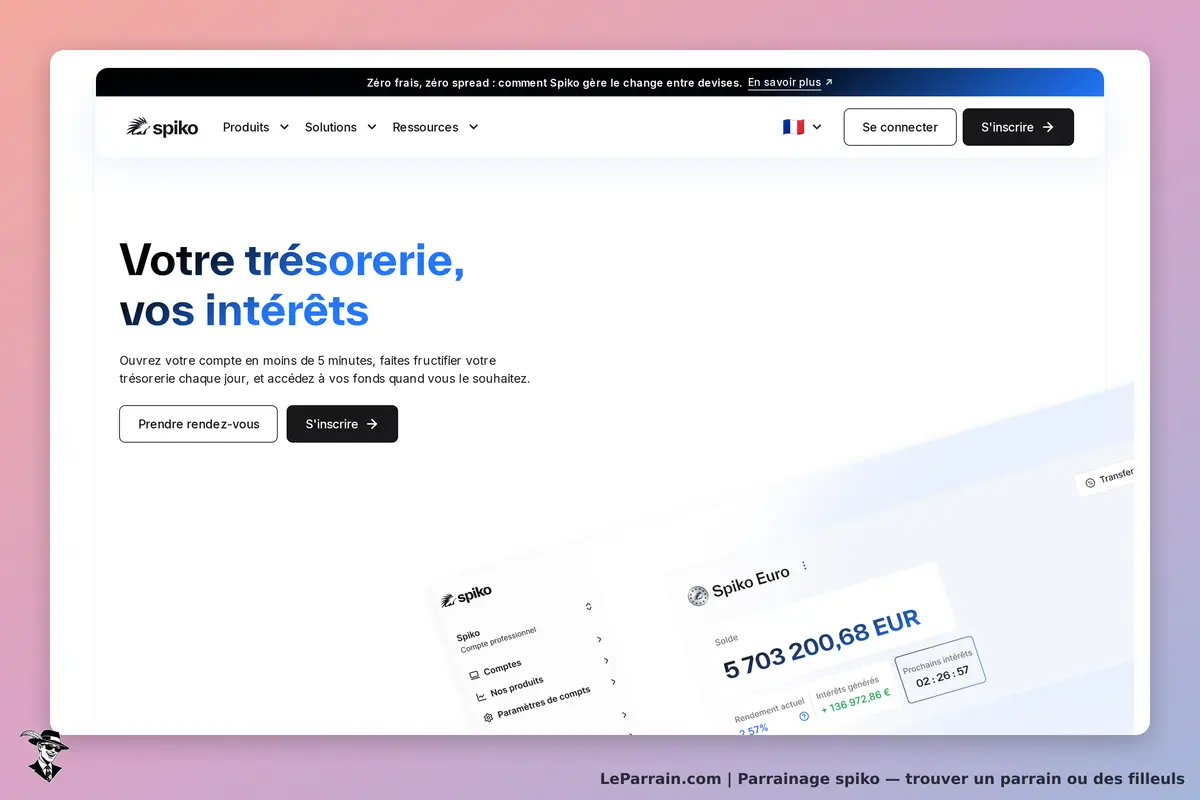 spiko : page d'accueil présentant des services de trésorerie et un aperçu de compte