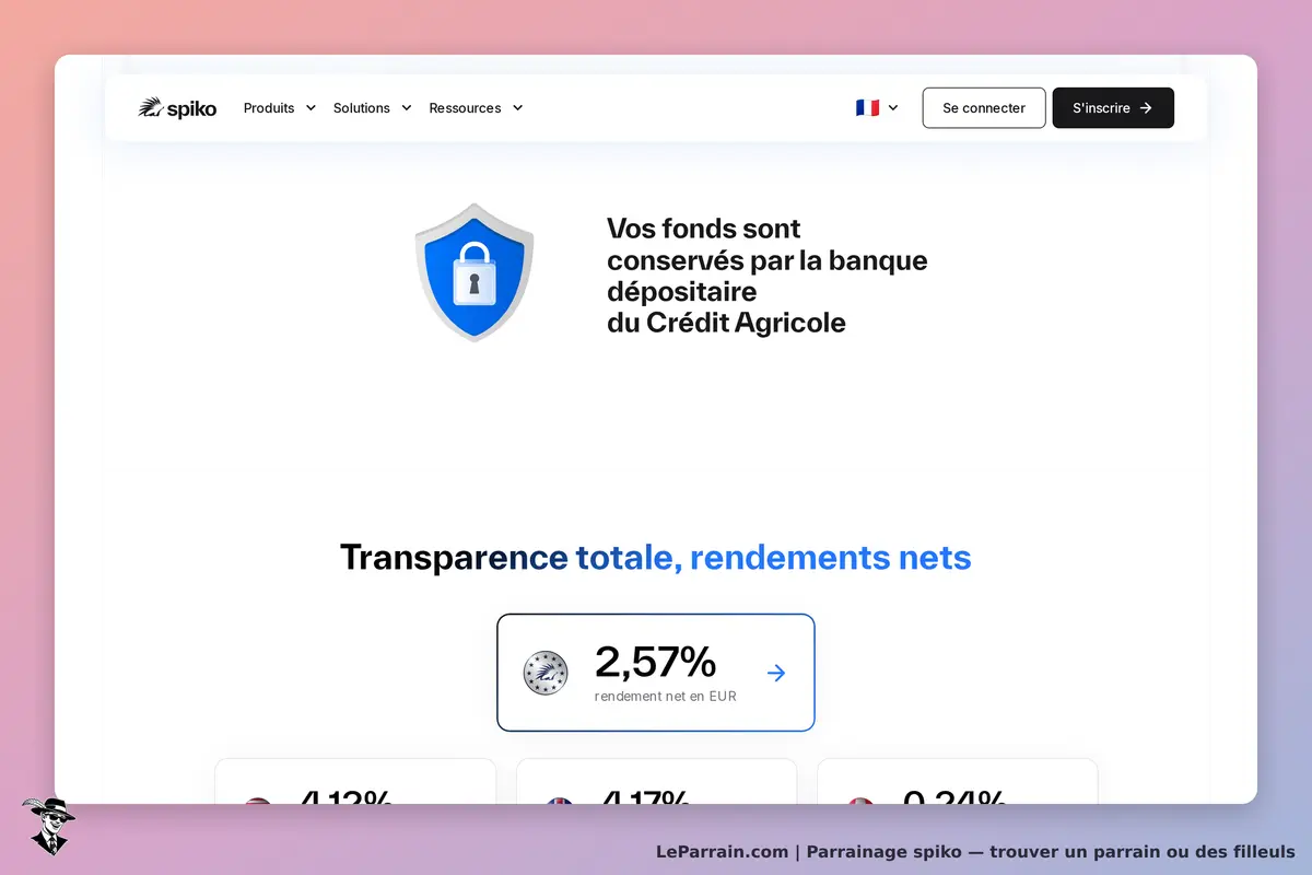 spiko : page d'accueil avec un message sur la sécurité des fonds et des rendements affichés