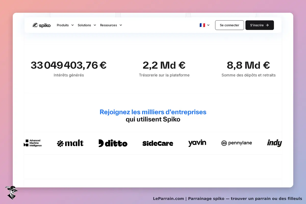 spiko : page d'accueil avec des statistiques et des logos d'entreprises utilisant Spiko