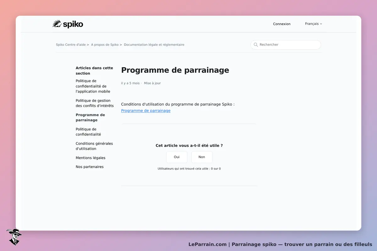 spiko : page d'aide sur le programme de parrainage avec options de feedback utilisateur