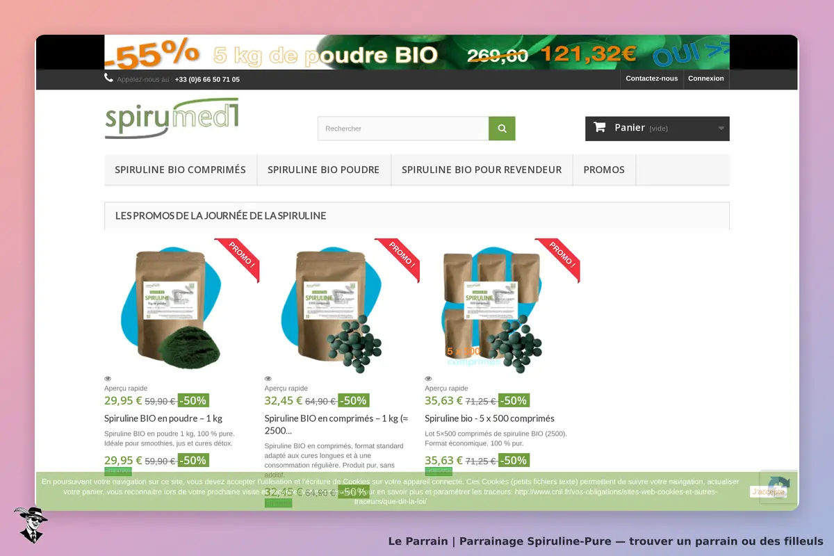 Spiruline-Pure : page d'accueil avec produits de spiruline en promotion et informations de contact