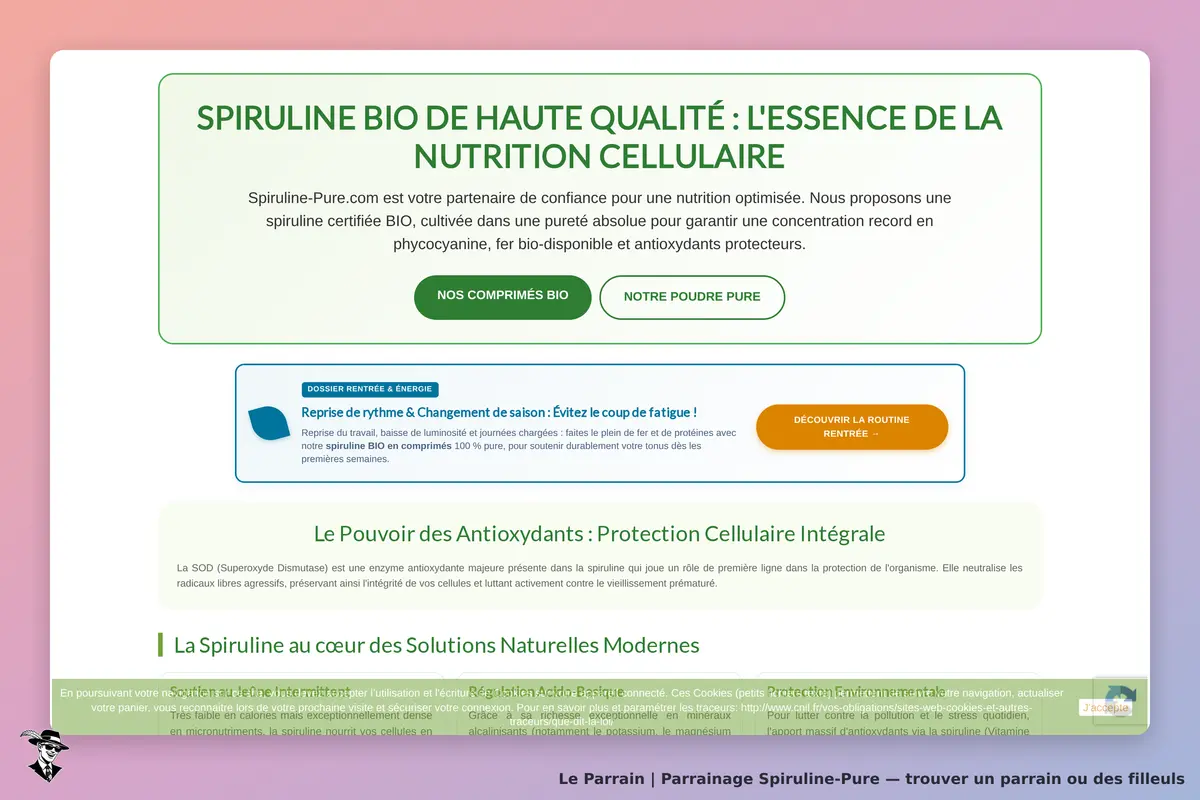 Spiruline-Pure : page d'accueil présentant la spiruline bio et ses bienfaits pour la santé