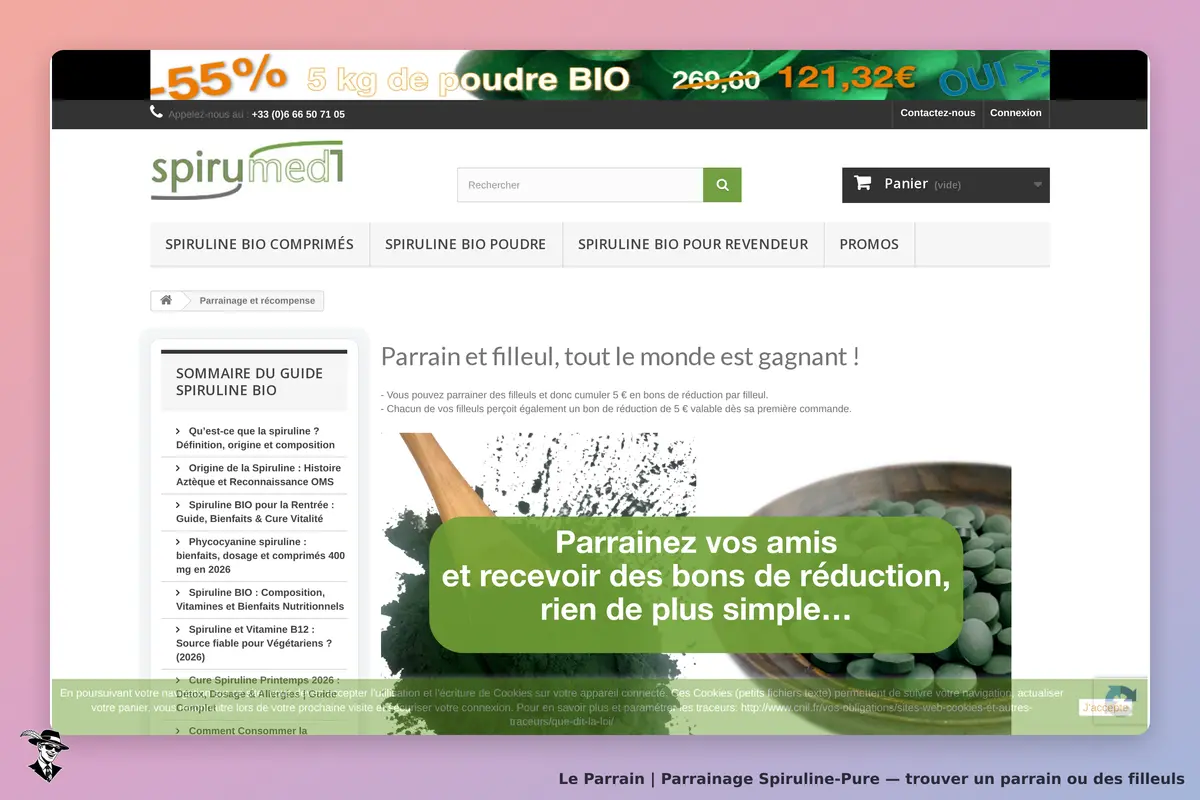 Spiruline-Pure : page d'accueil avec informations sur le parrainage et produits de spiruline