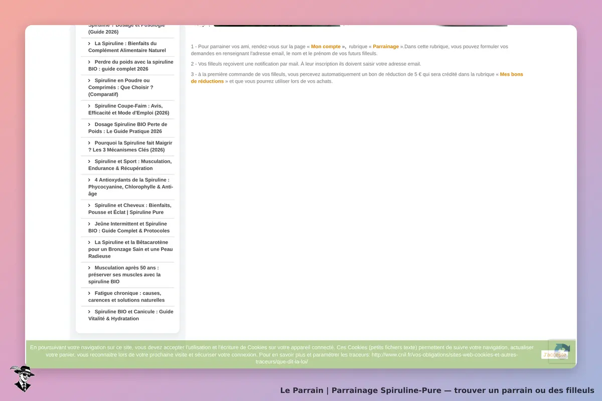 Spiruline-Pure : section parrainage avec instructions et liste d'articles sur la spiruline