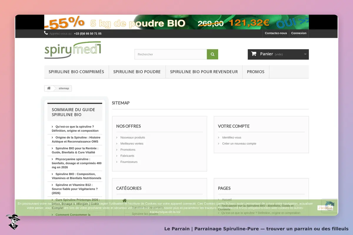 Spiruline-Pure : page d'accueil avec menu, sommaire et options de compte affichées
