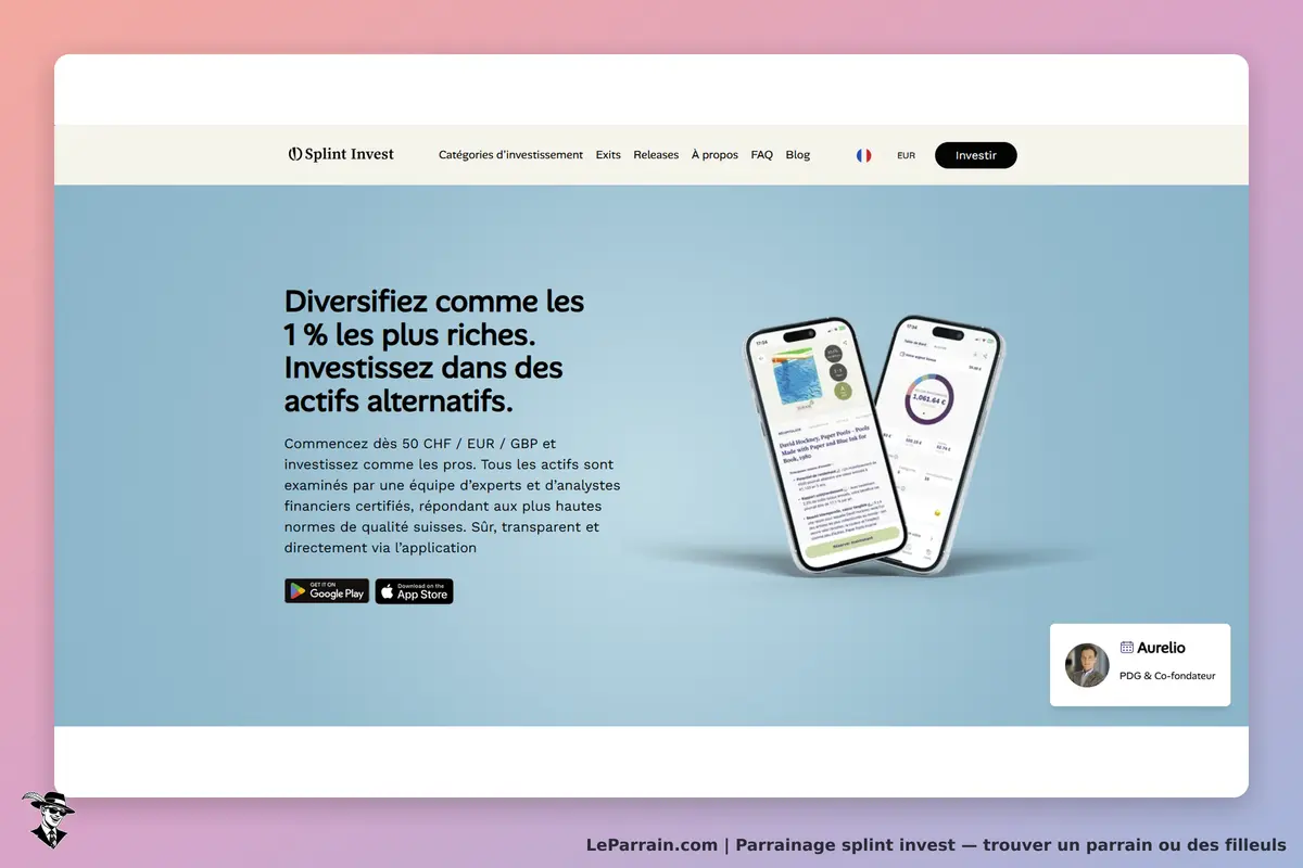 Splint Invest : page d'accueil avec texte sur l'investissement et deux smartphones affichant