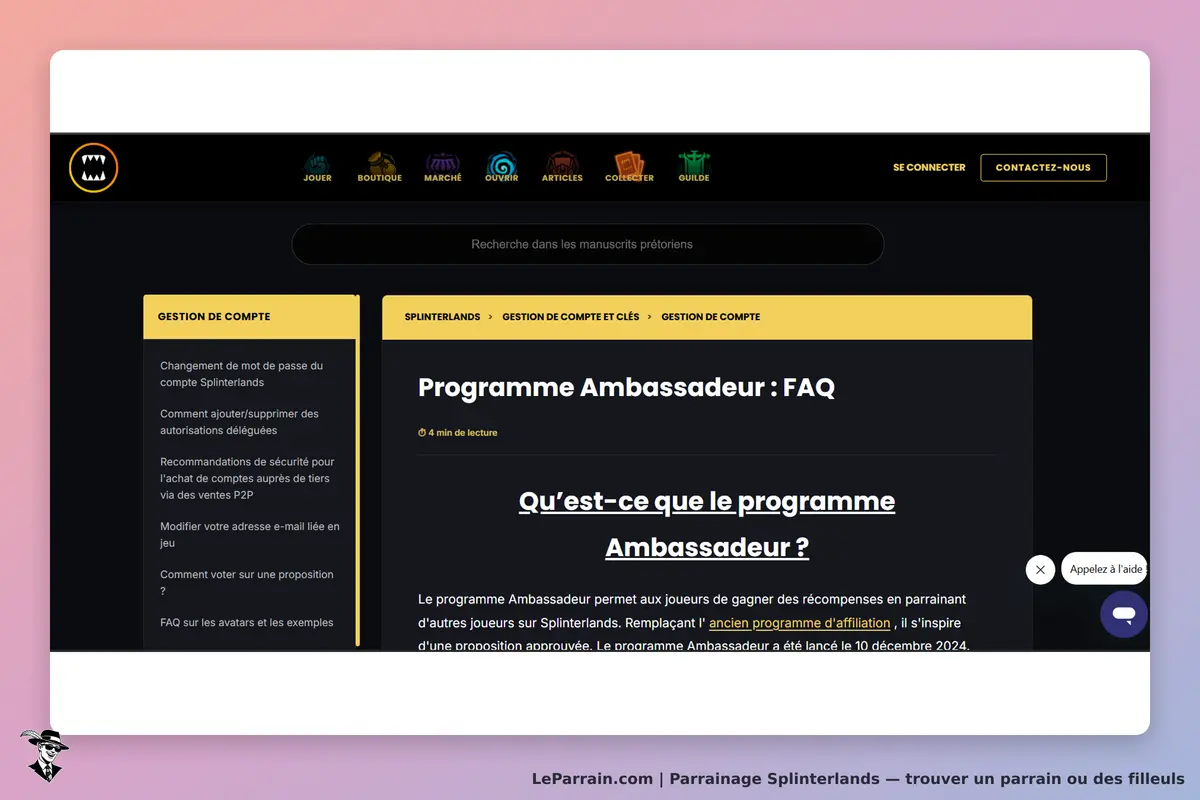 Splinterlands : page FAQ sur le programme Ambassadeur avec menu de gestion de compte
