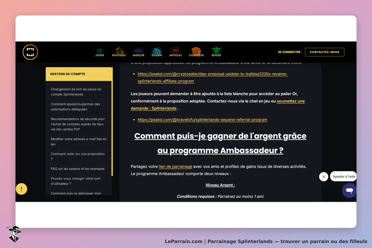 Splinterlands : page d'accueil avec informations sur le programme Ambassadeur et gestion de compte