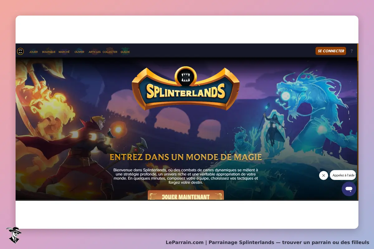 Splinterlands : page d'accueil avec titre, illustration et bouton pour jouer maintenant