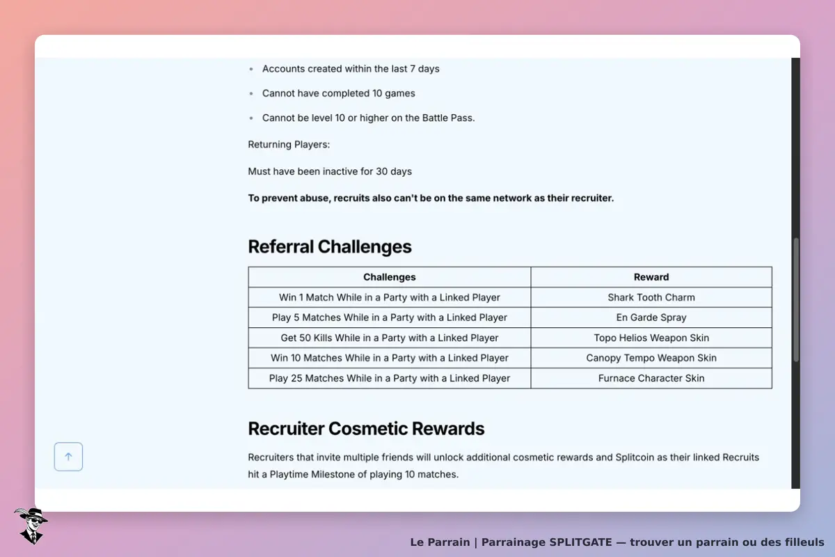 SPLITGATE : tableau des défis de parrainage et récompenses cosmétiques en jouant ensemble