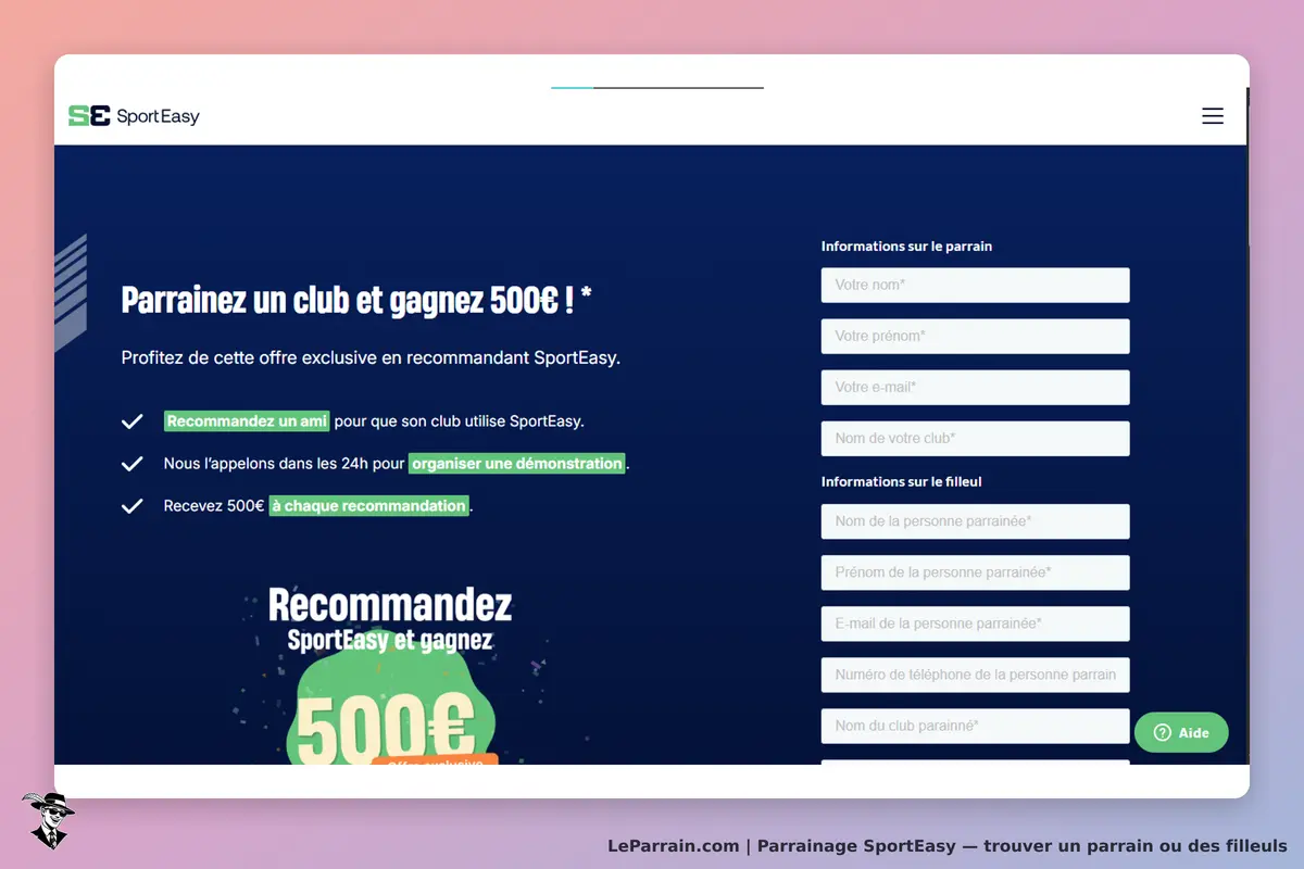 SportEasy : formulaire de parrainage avec sections pour parrain et filleul