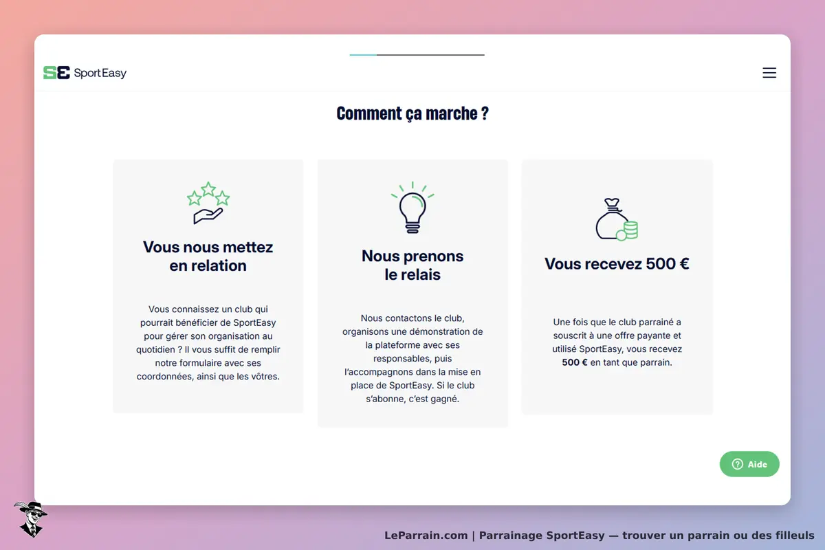 SportEasy : trois étapes pour parrainer un club avec explications et icônes illustratives
