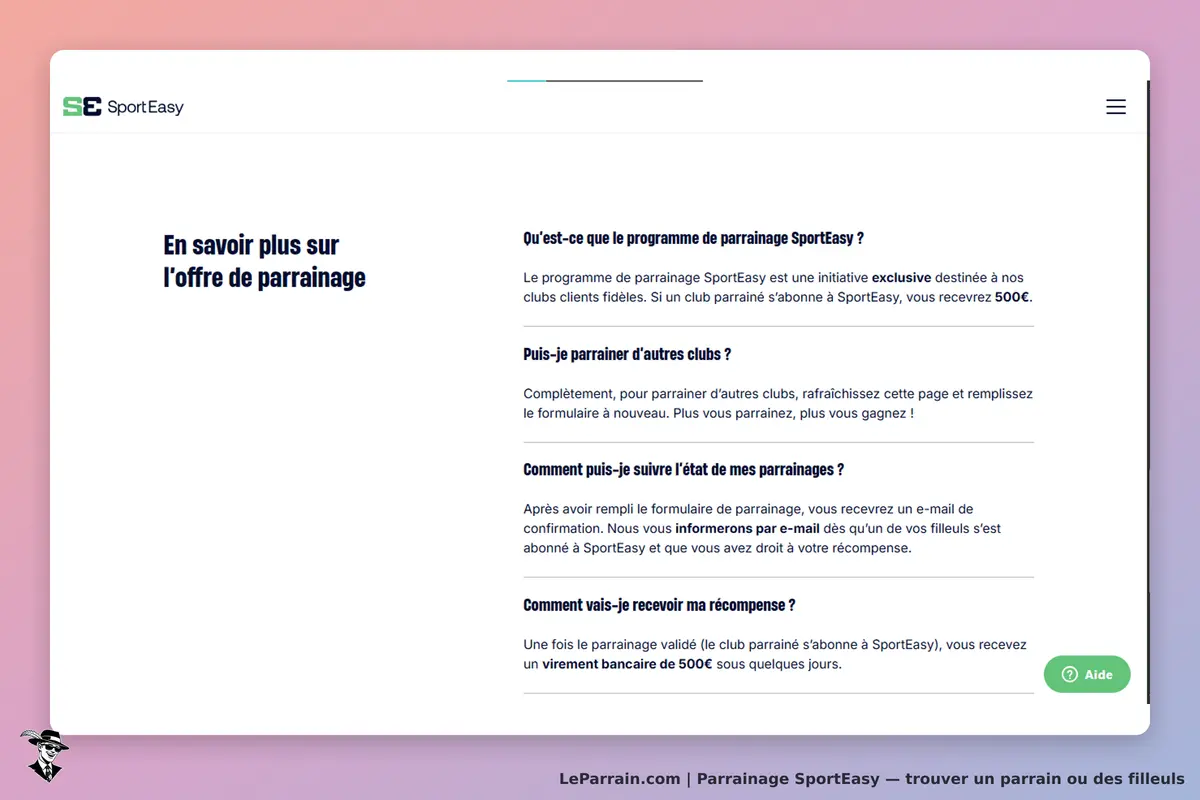 SportEasy : page d'informations sur le programme de parrainage avec plusieurs questions-réponses