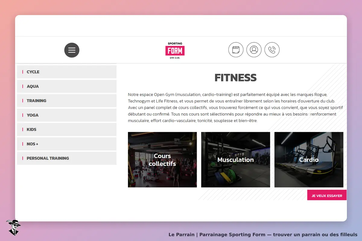 Sporting Form : page d'accueil avec sections sur fitness, musculation et cours collectifs