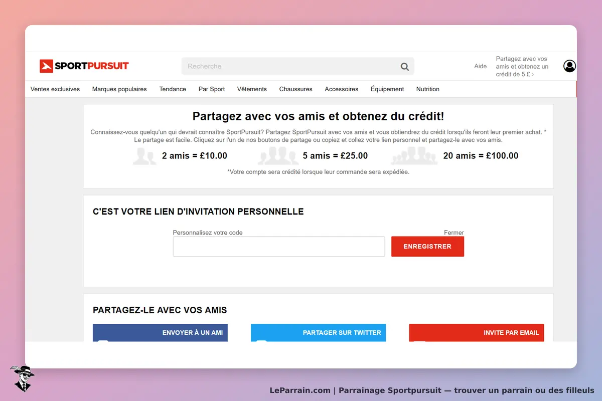 SportPursuit : page d'accueil avec invitation au parrainage et formulaire d'inscription