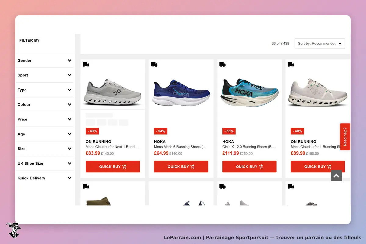 Sportpursuit : page d'accueil avec des chaussures de course et options de filtrage à gauche