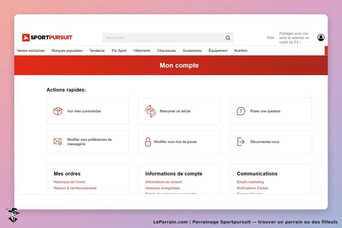 Sportpursuit : écran "Mon compte" avec actions rapides et informations de compte