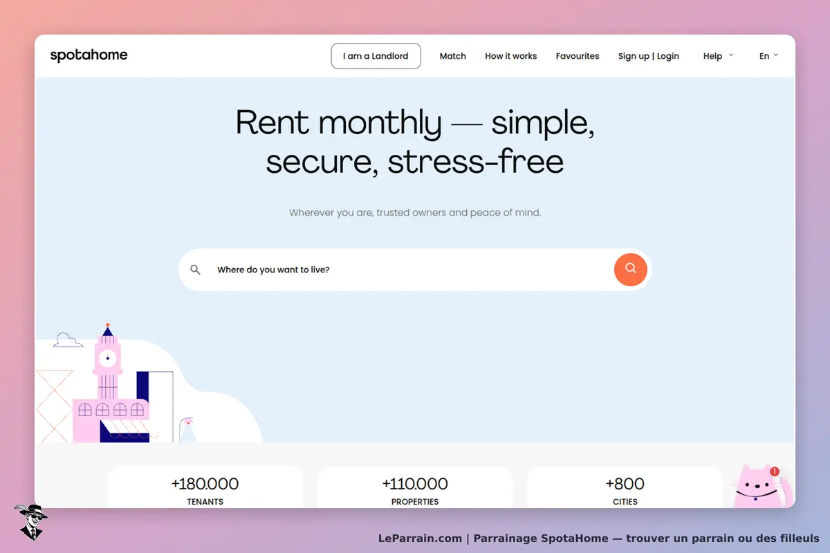 SpotaHome : page d'accueil avec un champ de recherche et des statistiques sur les locations
