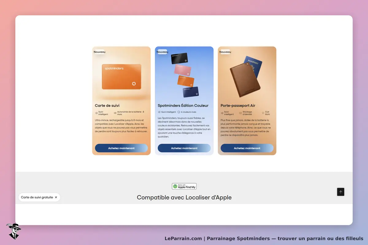 Spotminders : trois produits de suivi affichés sur un fond dégradé, avec descriptions et boutons