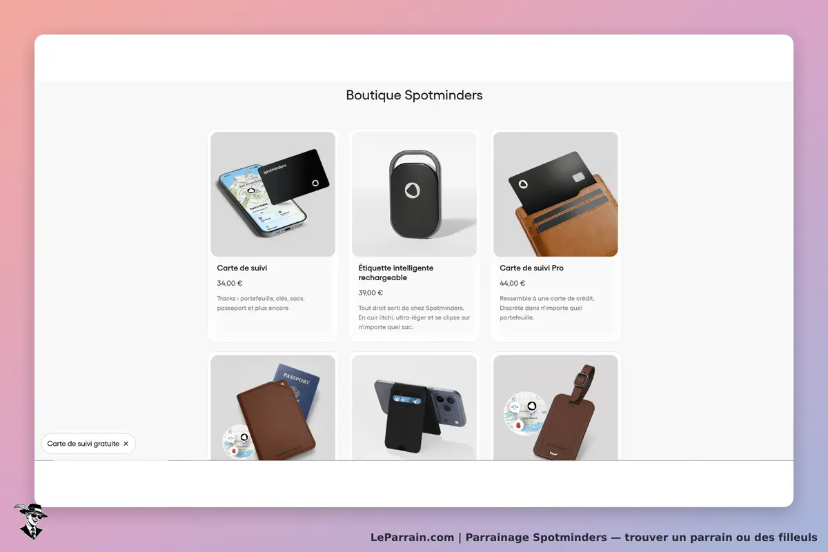Spotminders : page d'accueil avec produits variés et descriptions de la boutique Spotminders