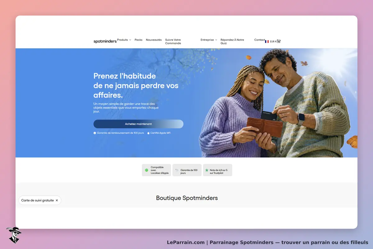 Spotminders : page d'accueil avec un message sur la gestion des affaires et deux personnes