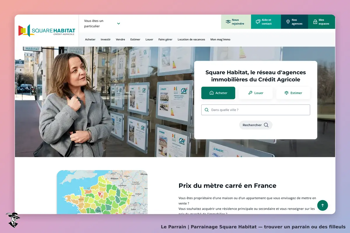 Square Habitat : page d'accueil avec une femme devant des annonces immobilières et un formulaire
