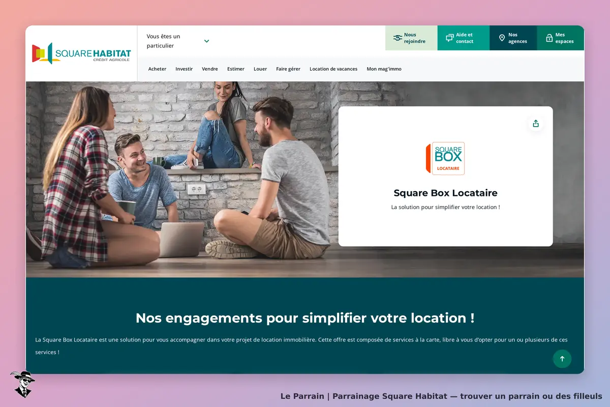 Square Habitat : page d'accueil avec des personnes discutant autour d'un ordinateur portable
