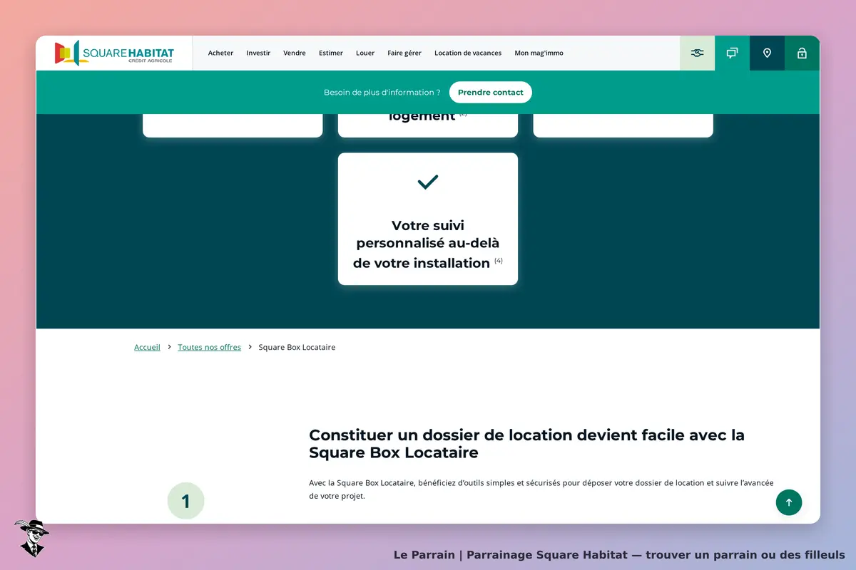 Square Habitat : page d'accueil avec informations sur le Square Box Locataire et un bouton