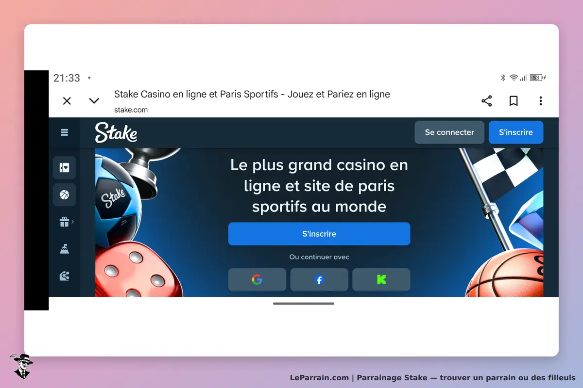 Stake : page d'accueil présentant un casino en ligne et des paris sportifs avec options