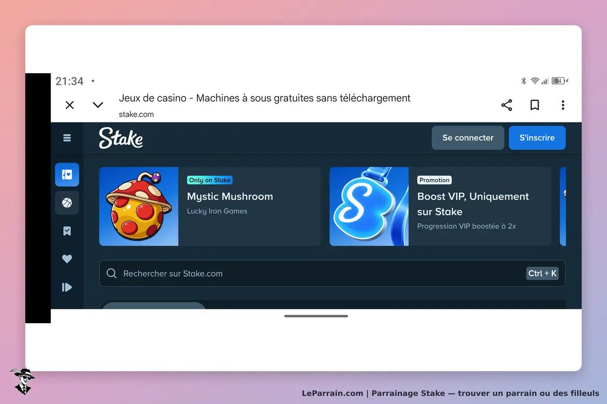 Stake : page d'accueil avec jeux de casino et options de connexion et d'inscription