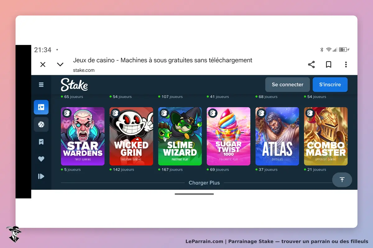 Stake : page d'accueil avec des machines à sous et le nombre de joueurs pour chaque jeu