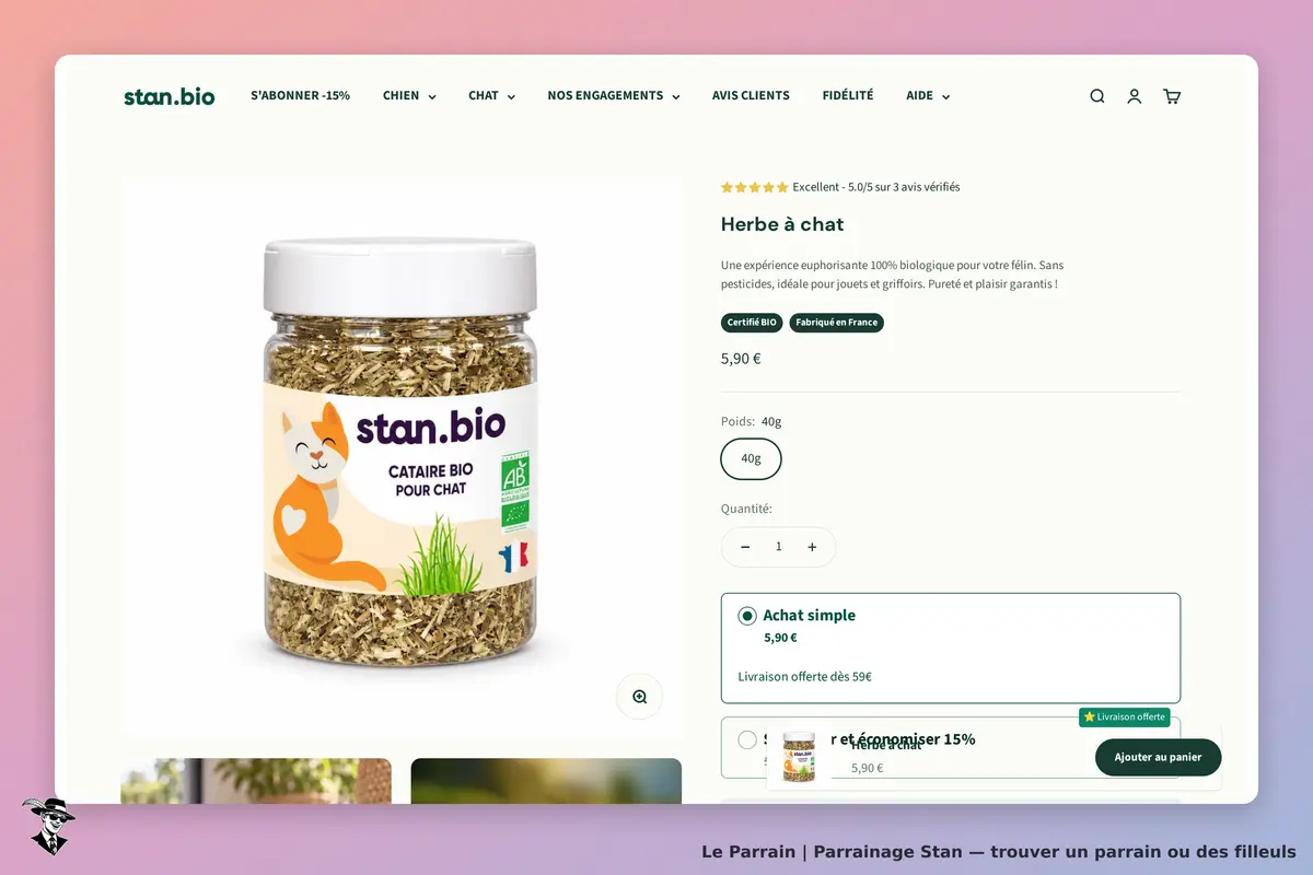 stan.bio : produit cataire bio pour chat en pot avec informations sur le poids et la quantité