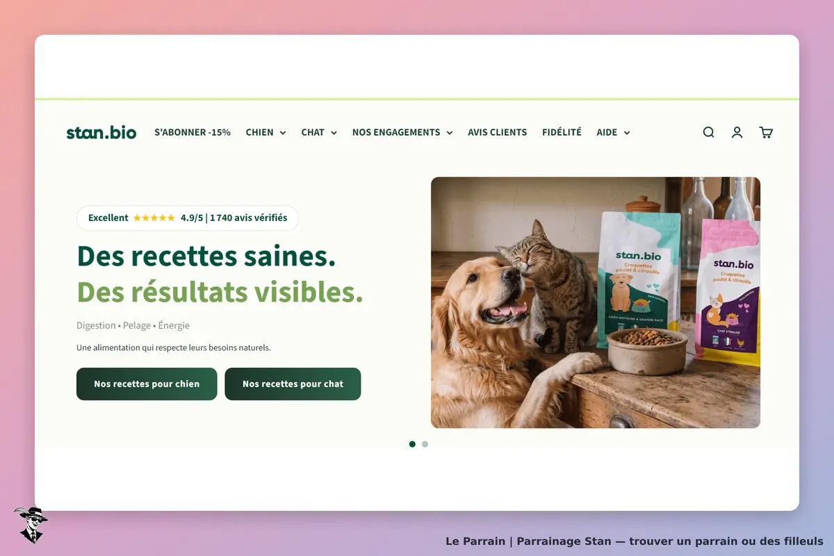 stan.bio : page d'accueil avec un chien et un chat près de croquettes et un message sur la