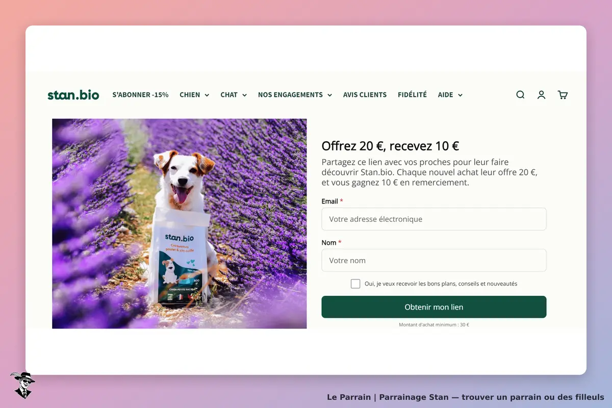stan.bio : un chien souriant devant des lavandes, avec un formulaire de parrainage à droite