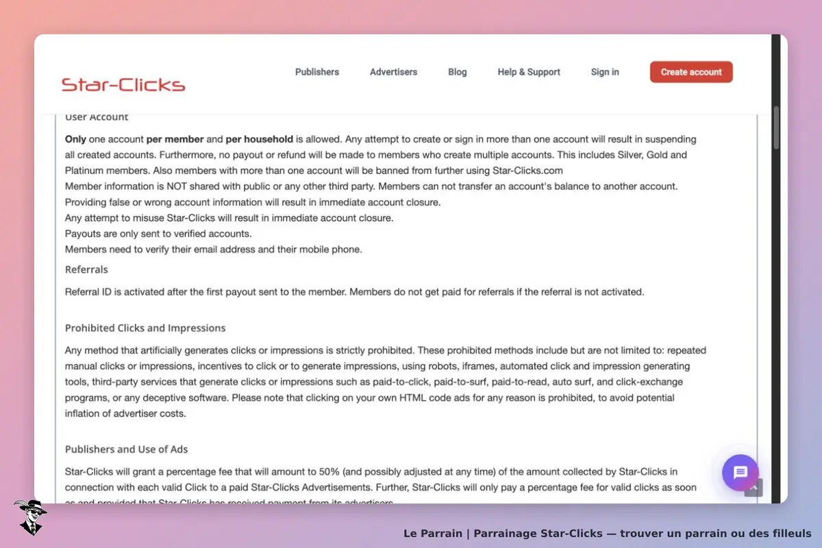 Star-Clicks : conditions officielles d’activation de l’identifiant de parrainage après le premier paiement au membre.