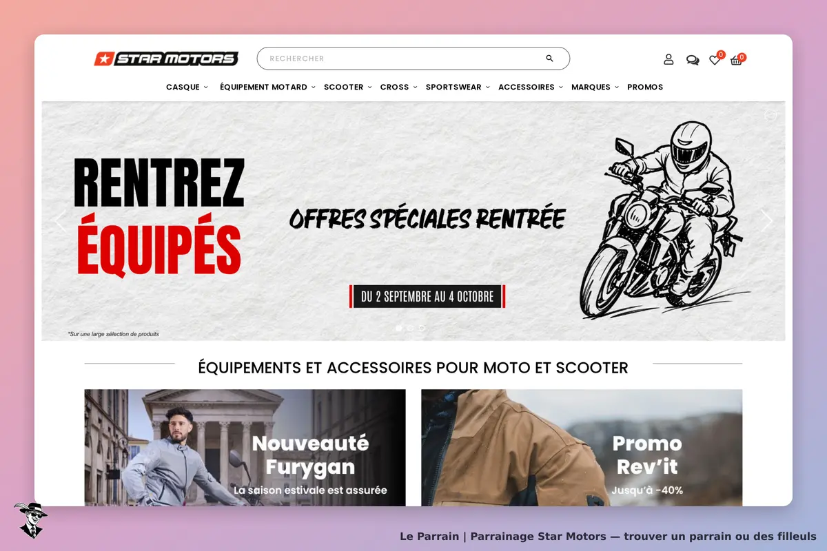 Star Motors : page d'accueil avec promotions et équipements pour moto et scooter