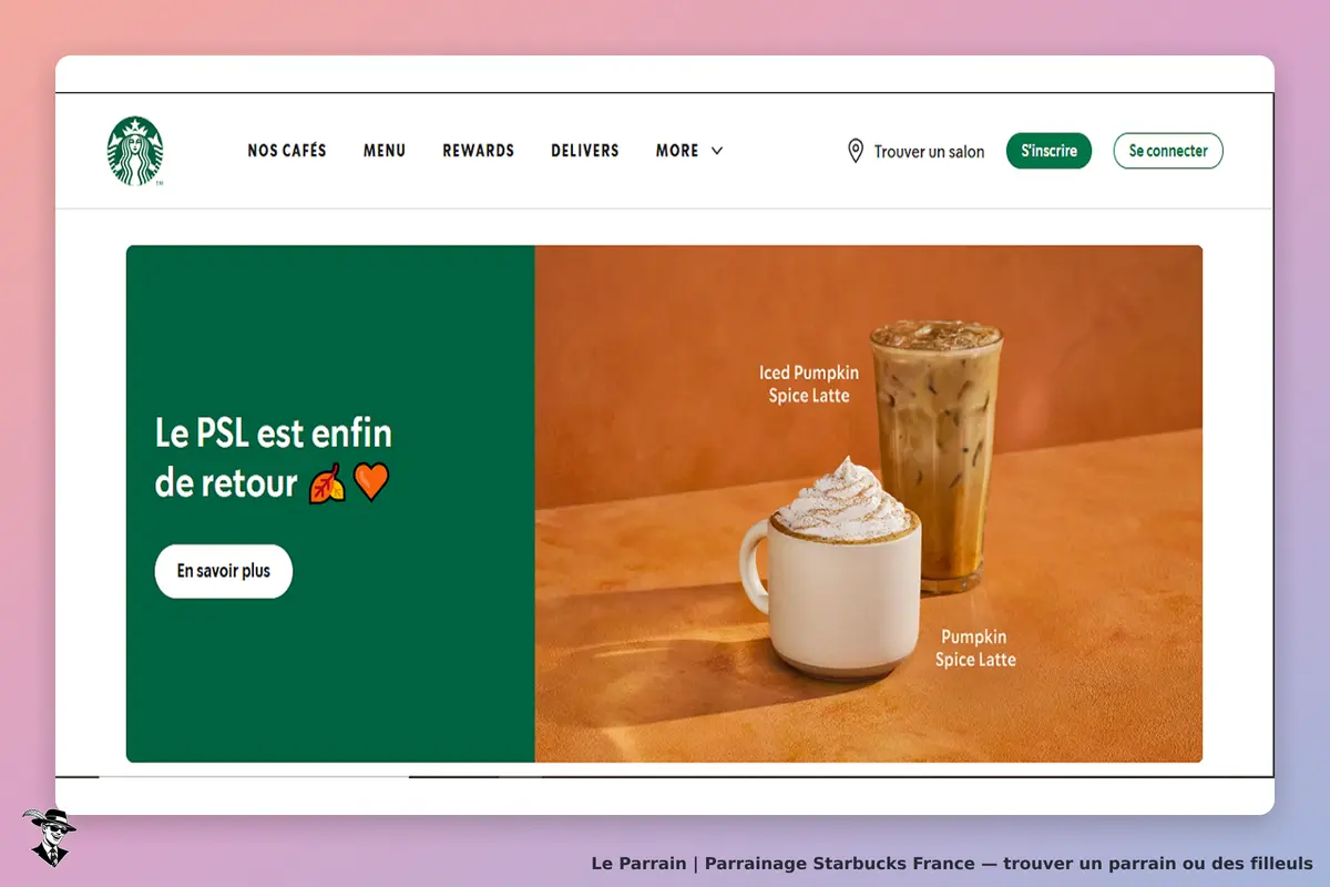 Starbucks France : starbucks : page d'accueil avec deux boissons Pumpkin Spice Latte sur fond