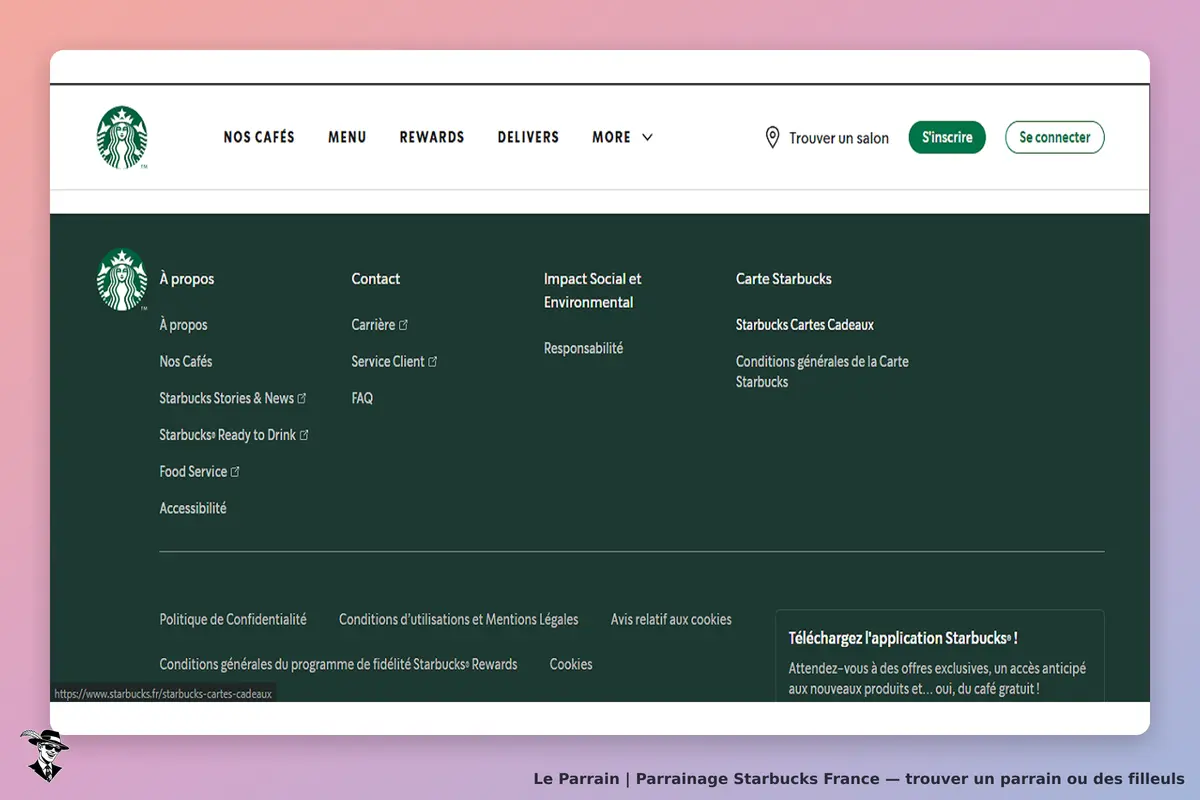 Starbucks France : starbucks : menu de la page d'accueil avec sections à propos, contact et carte